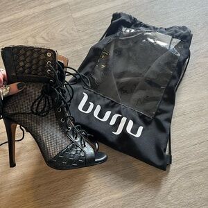 Burju Black Lace-Up Mesh Stiletto Booties